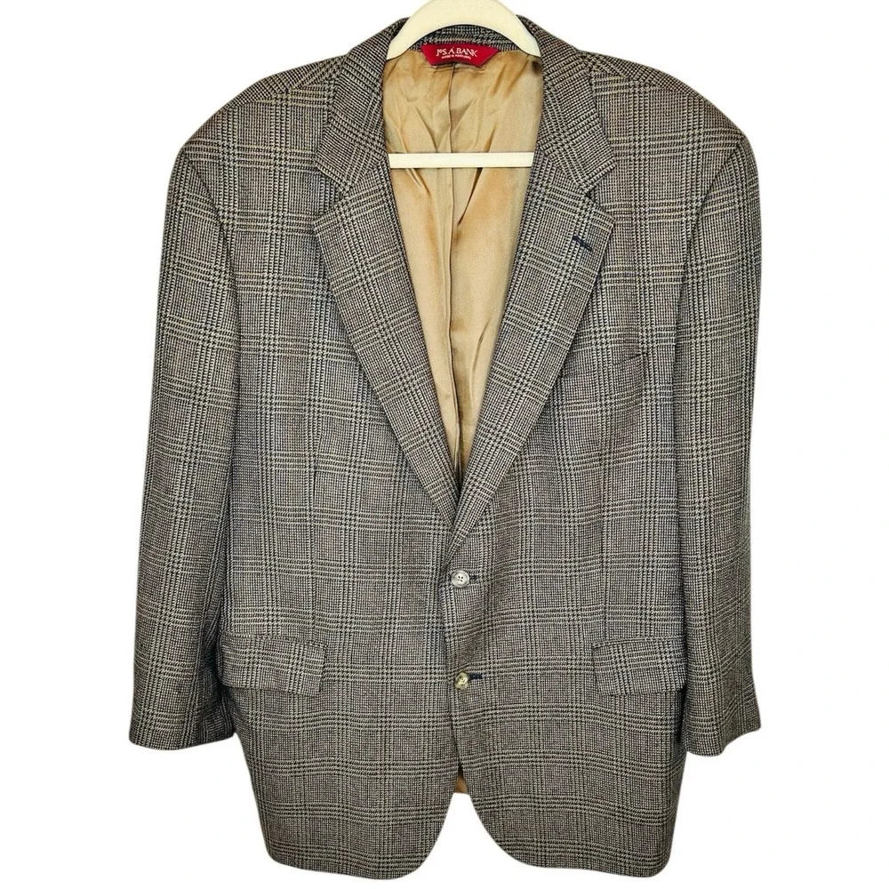 Jos A Bank Sport Coat Blazer Mens 46R Silk Wool Tweed Glen Plaid Brown Tan Navy - Picture 2 of 10